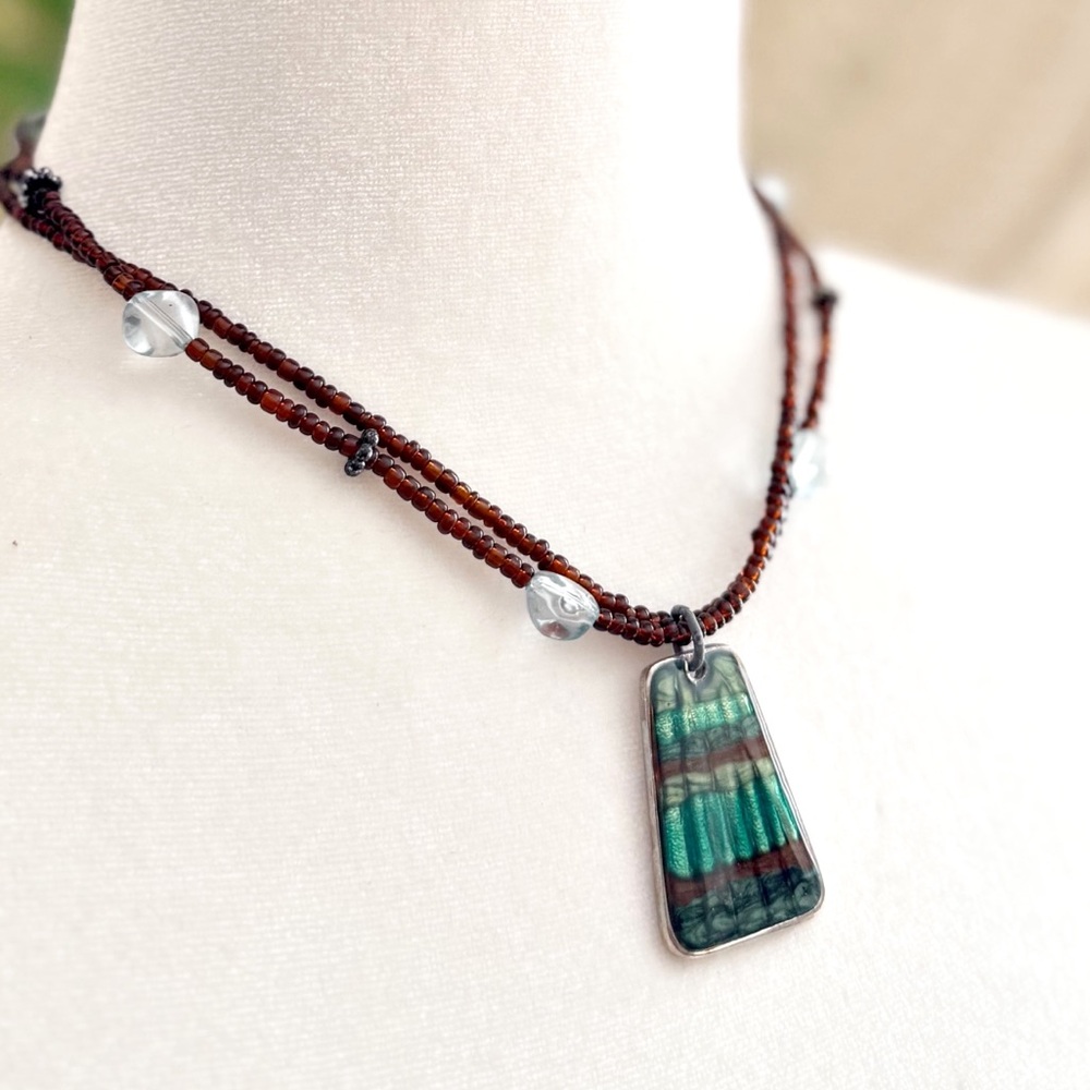 Kenneth Cole Green Inlay Pendant Necklace Seed Beads 16” + 3” Extender Y2K Boho - Picture 2 of 8